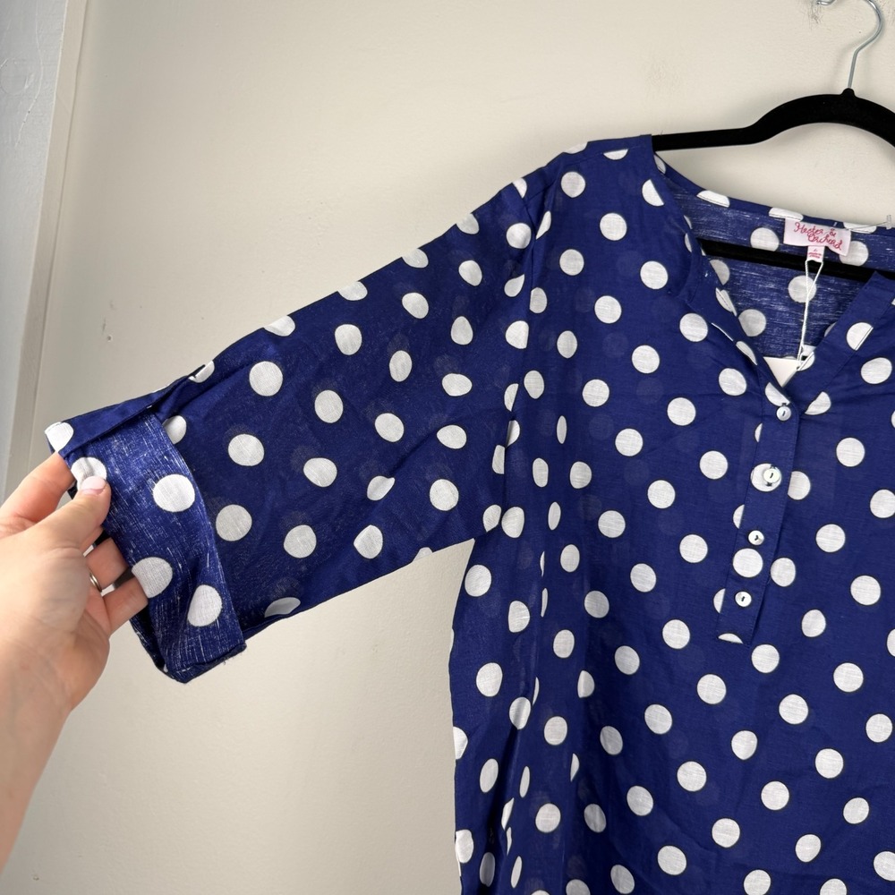 Hester & Orchard Blouse Women's Large Navy White Polka Dot 3/4 Sleeve Pullover - Picture 8 of 15